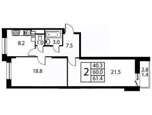 2-к квартира, строящийся дом, 61м2, 10/12 этаж