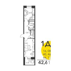 1-к квартира, сданный дом, 42м2, 16/17 этаж