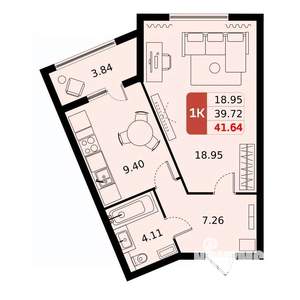 1-к квартира, вторичка, 42м2, 5/17 этаж