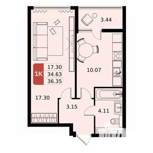 1-к квартира, строящийся дом, 36м2, 10/17 этаж