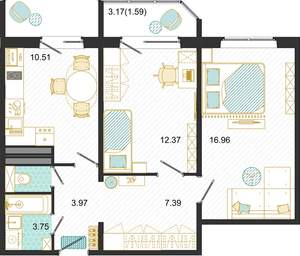 2-к квартира, вторичка, 59м2, 11/17 этаж