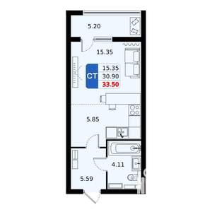 Студия квартира, вторичка, 34м2, 11/17 этаж