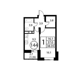 1-к квартира, строящийся дом, 38м2, 12/12 этаж