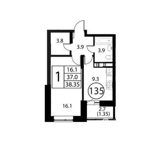 1-к квартира, строящийся дом, 38м2, 10/12 этаж