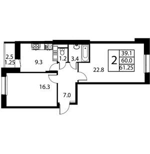 2-к квартира, строящийся дом, 61м2, 3/12 этаж