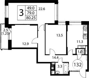 3-к квартира, строящийся дом, 80м2, 9/12 этаж