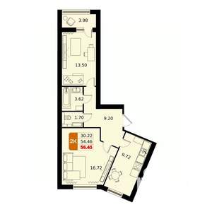 2-к квартира, вторичка, 56м2, 8/17 этаж