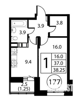 1-к квартира, строящийся дом, 38м2, 10/12 этаж