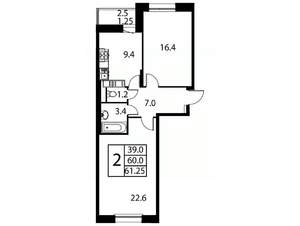 2-к квартира, строящийся дом, 61м2, 9/12 этаж